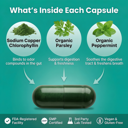 DEOS Internal Deodorant Supplement – Full Body Deodorizer for Gut Health, Skin Health, Detox & Digestion Support – Natural Odor Control Chlorophyll Pills | 30 Capsules